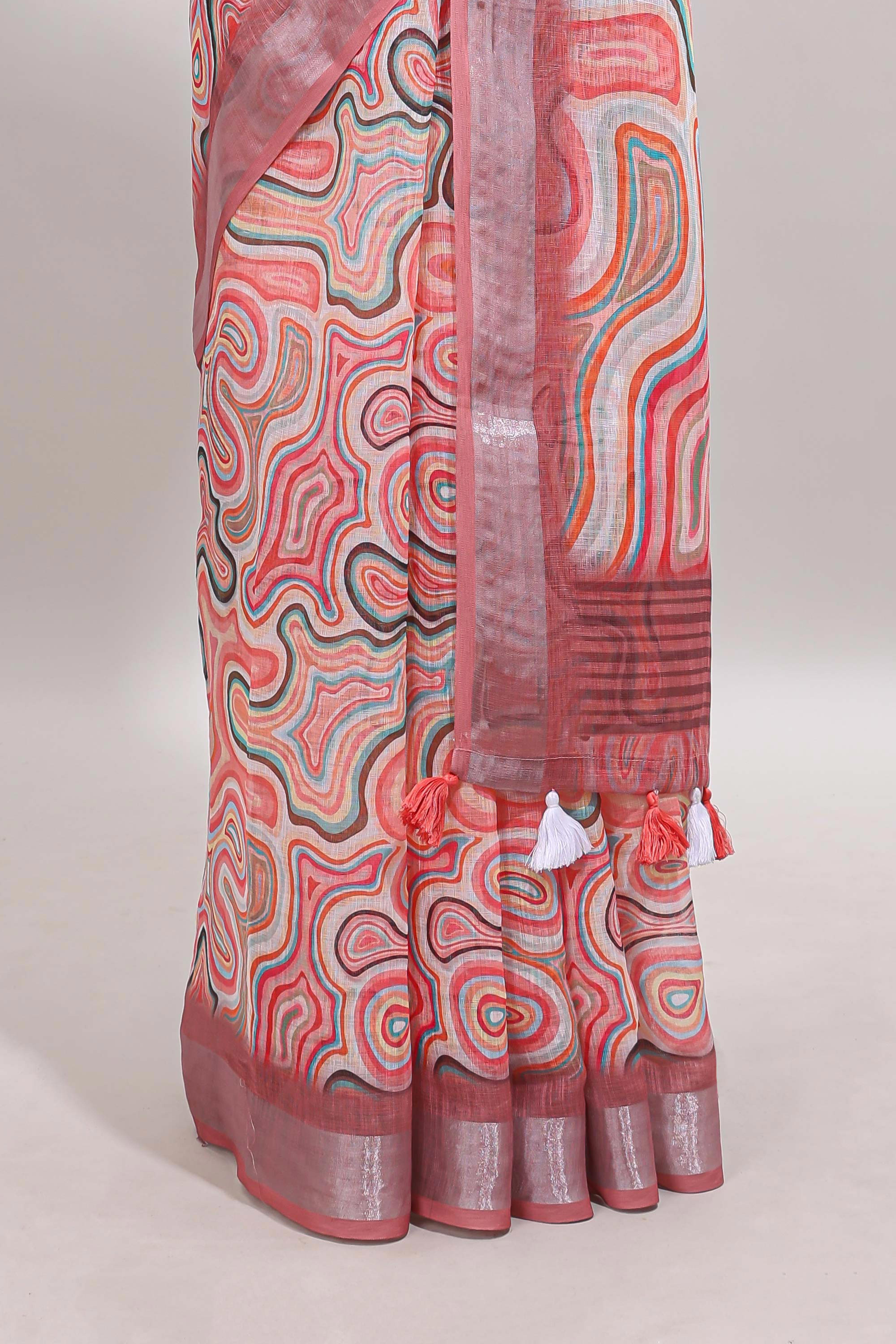 Multi color abstract design linen cotton saree with contrast border and matching blouse