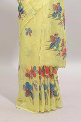 Yellow floral design linen cotton saree with scallop border and matching printed blouse