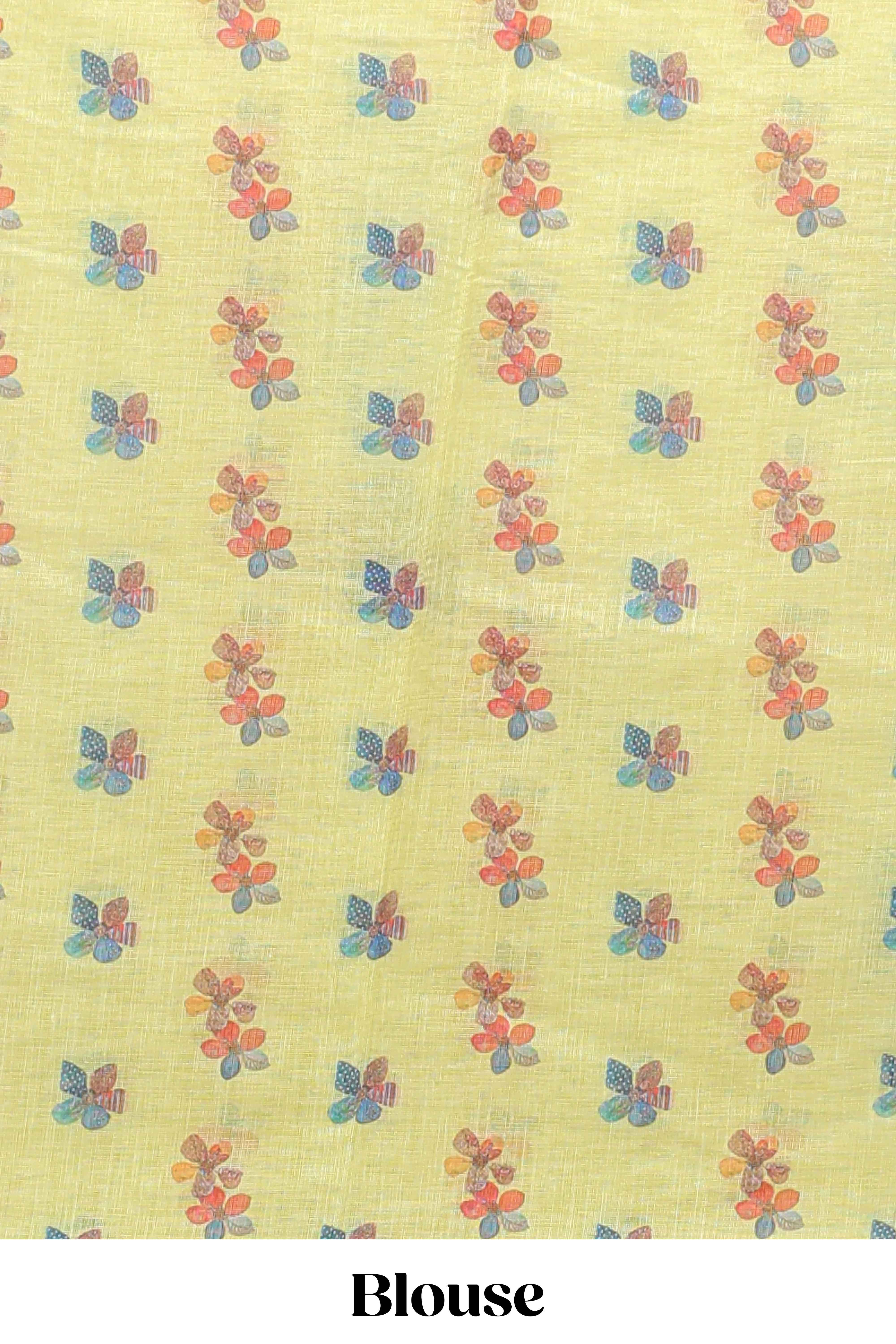 Yellow floral design linen cotton saree with scallop border and matching printed blouse