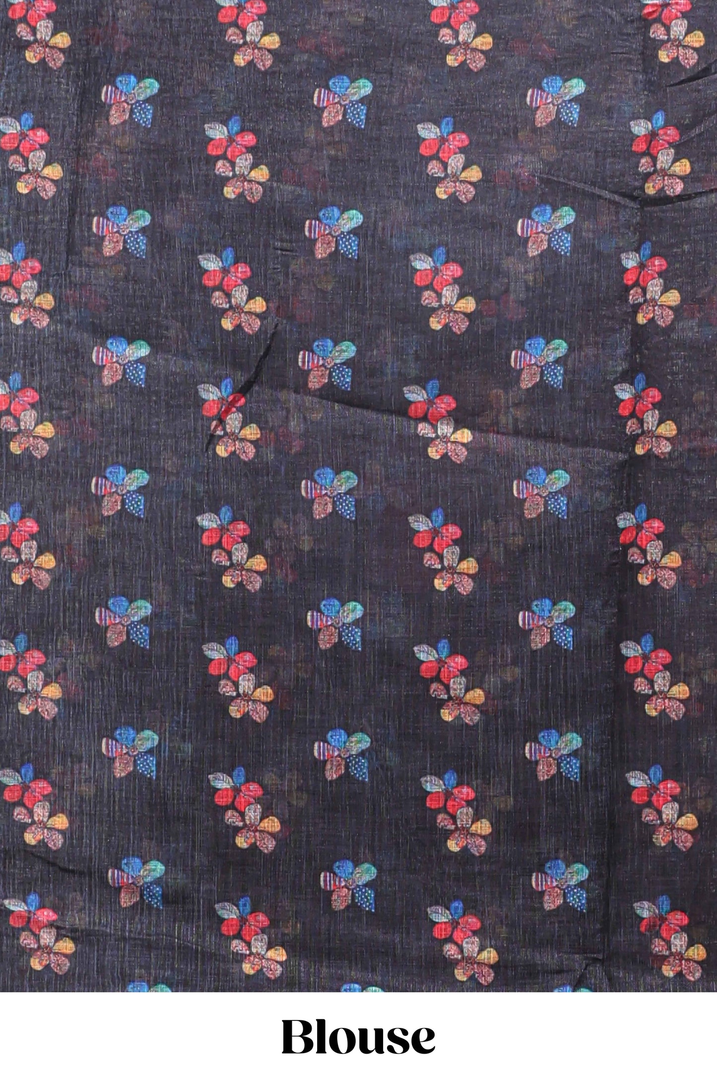 Black floral design linen cotton saree with scallop border and matching printed blouse