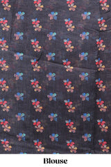 Black floral design linen cotton saree with scallop border and matching printed blouse