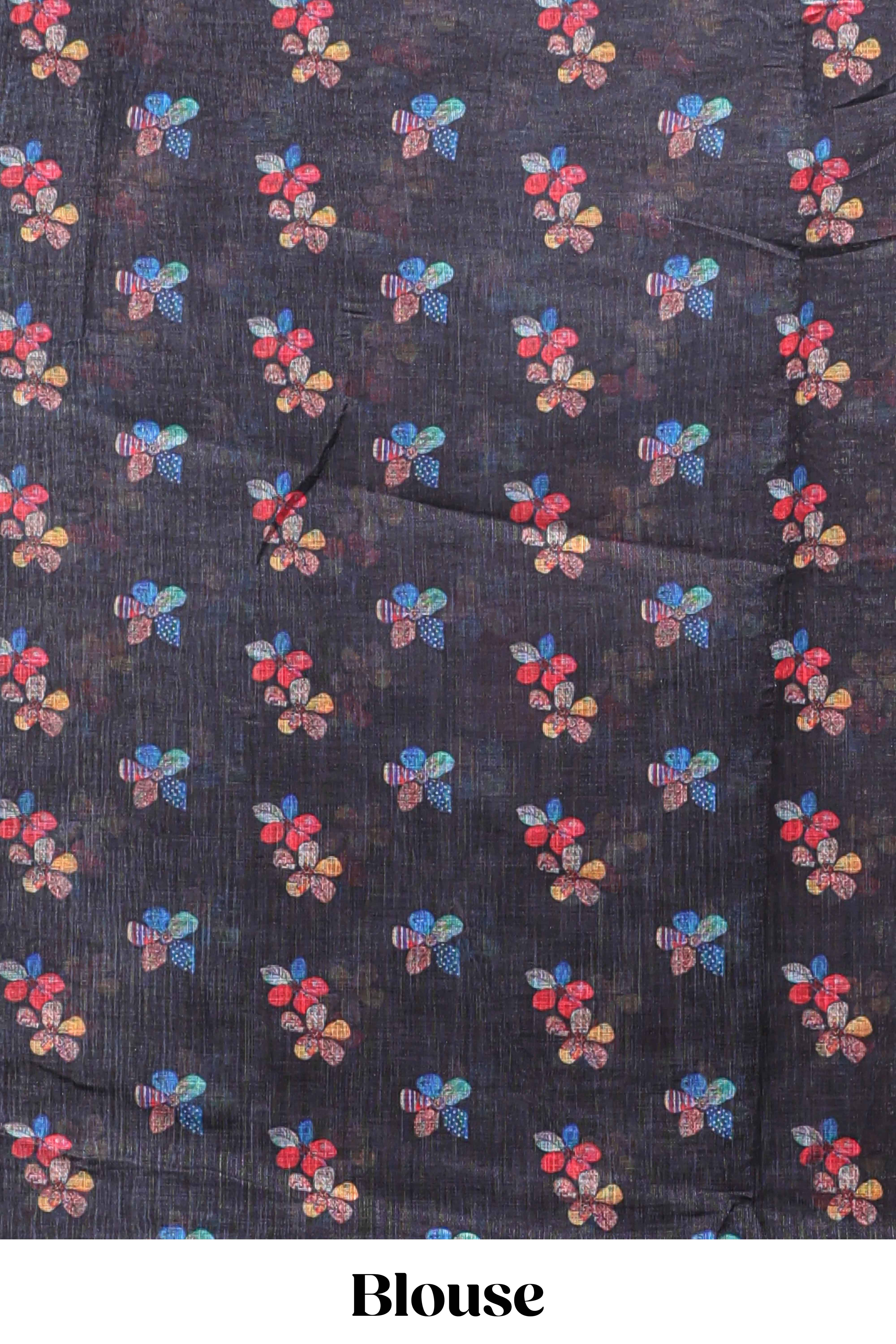 Black floral design linen cotton saree with scallop border and matching printed blouse