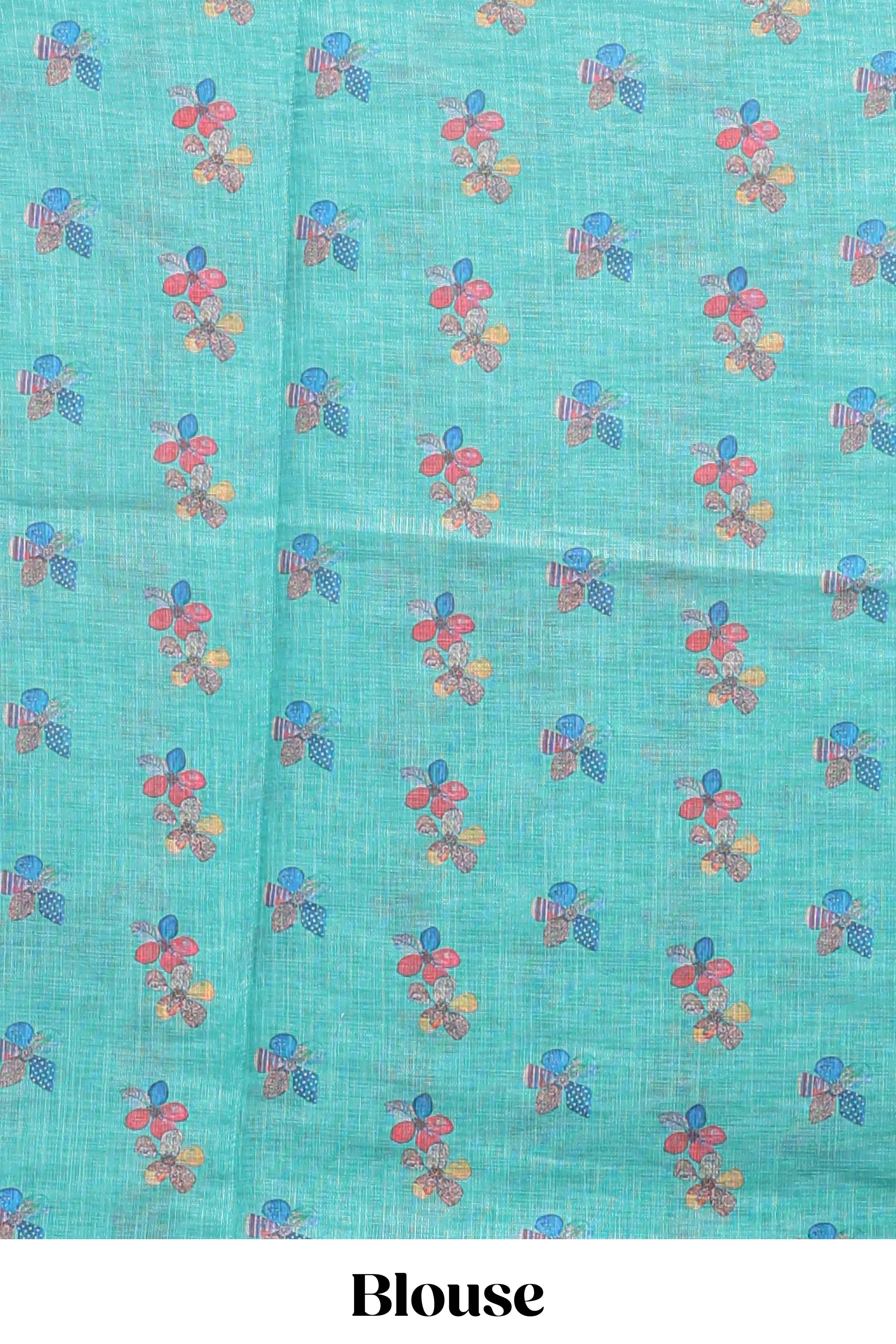 Green floral design linen cotton saree with scallop border and matching printed blouse