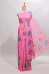 Pink floral design linen cotton saree with scallop border and matching printed blouse