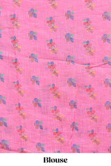 Pink floral design linen cotton saree with scallop border and matching printed blouse