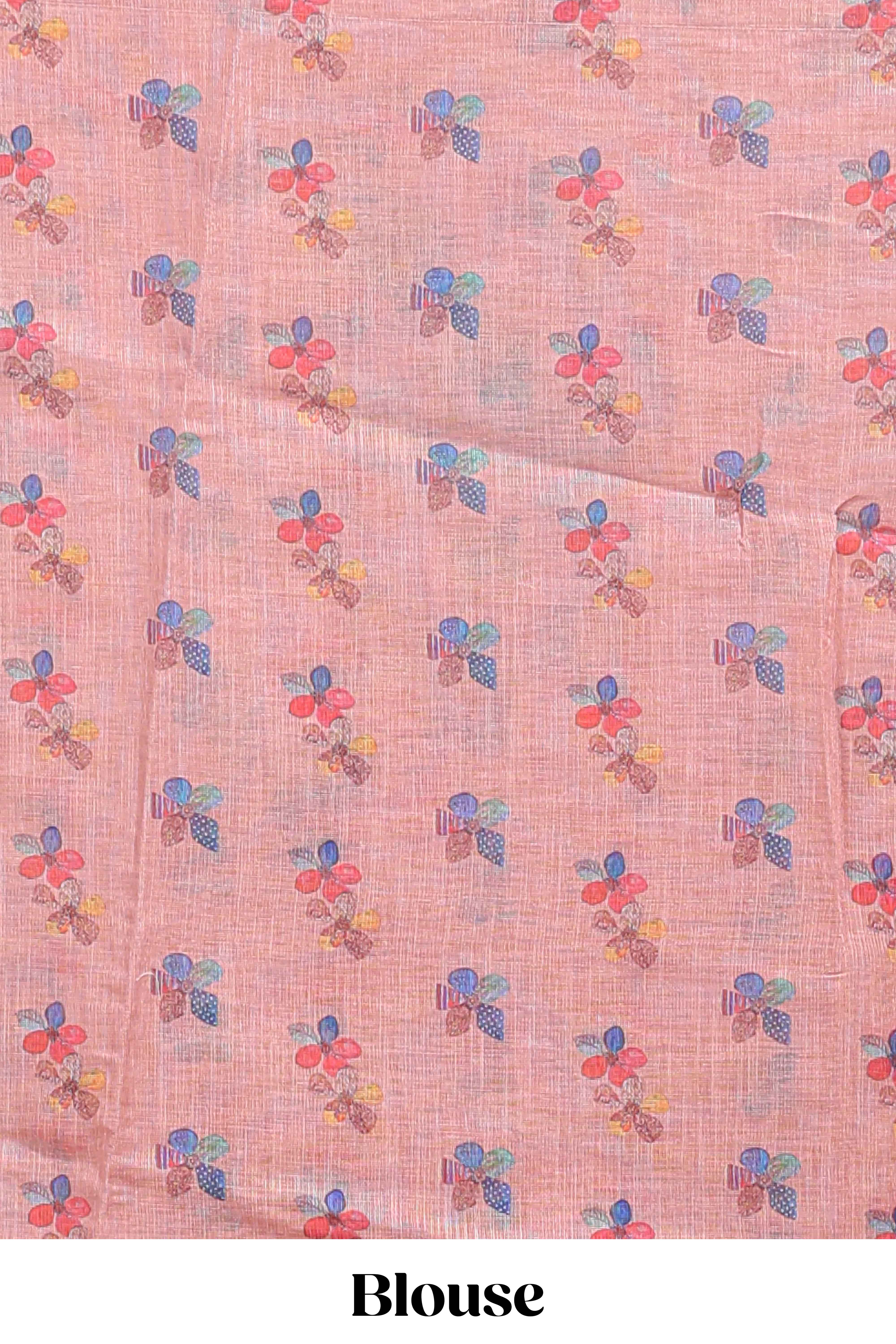 Peach floral design linen cotton saree with scallop border and matching printed blouse
