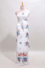 White floral design linen cotton saree with scallop border and matching printed blouse