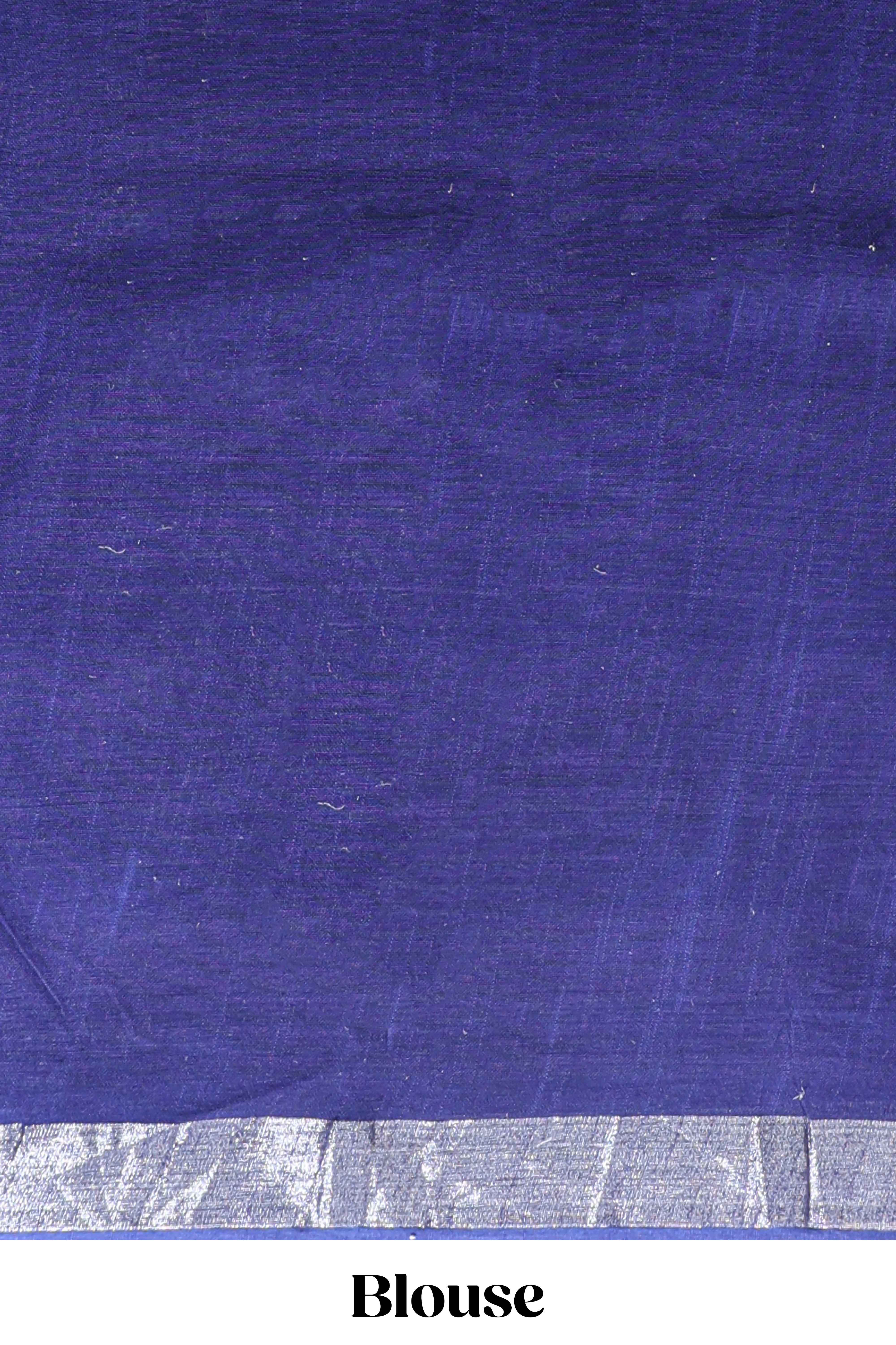 Blue floral design linen cotton saree with self zari border and matching plain blouse