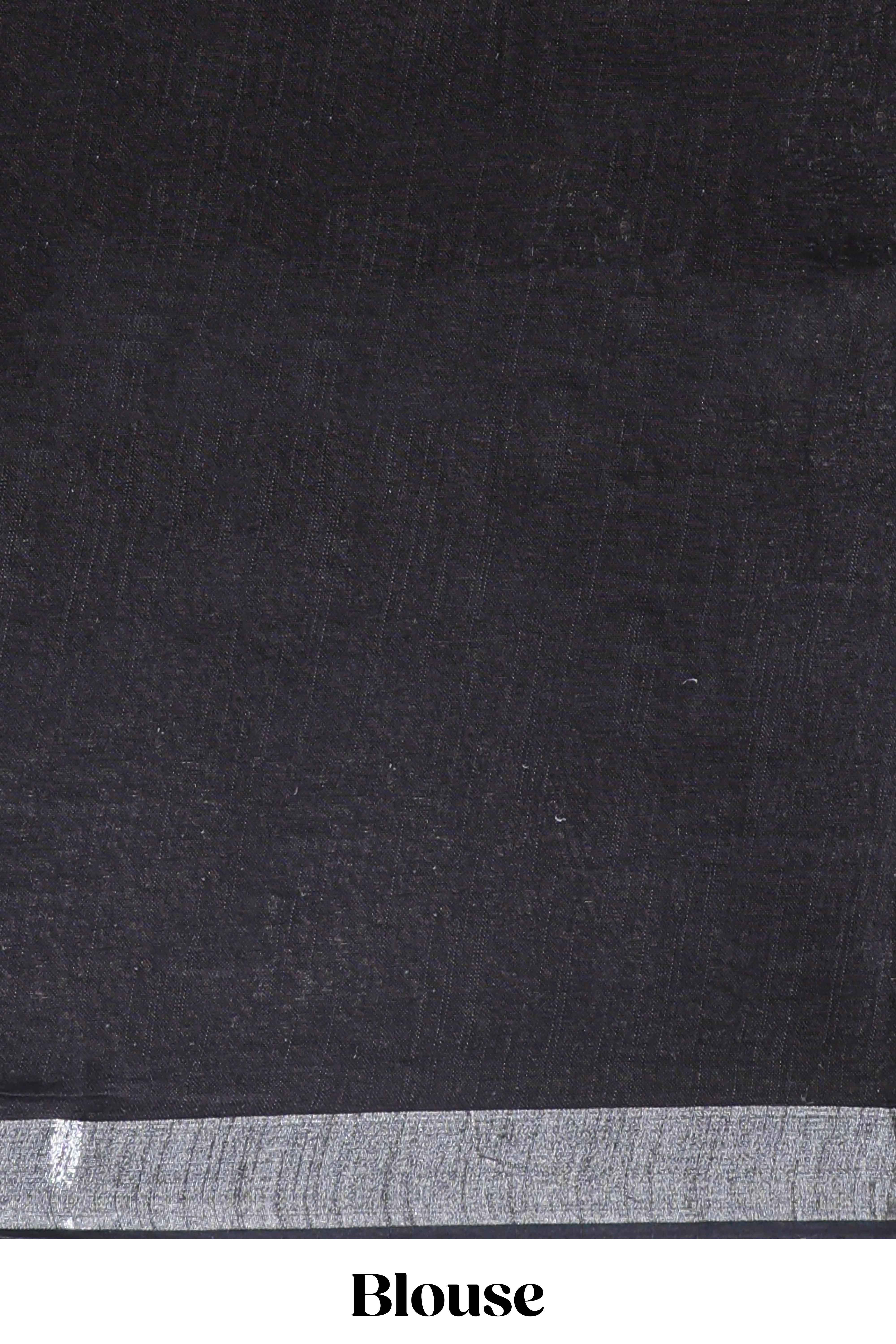 Black floral design linen cotton saree with self zari border and matching plain blouse