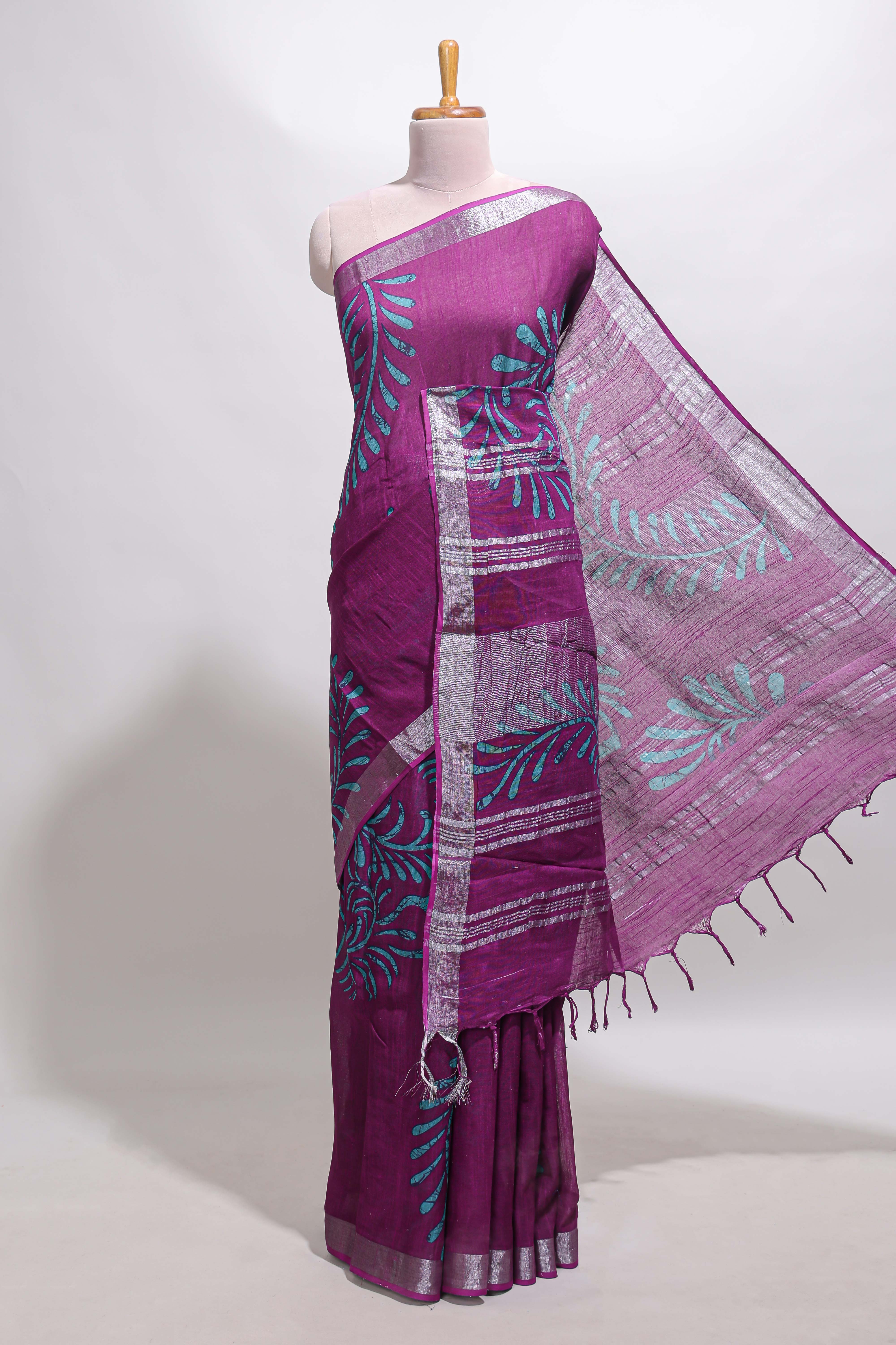 Purple floral design linen cotton saree with self zari border and matching plain blouse