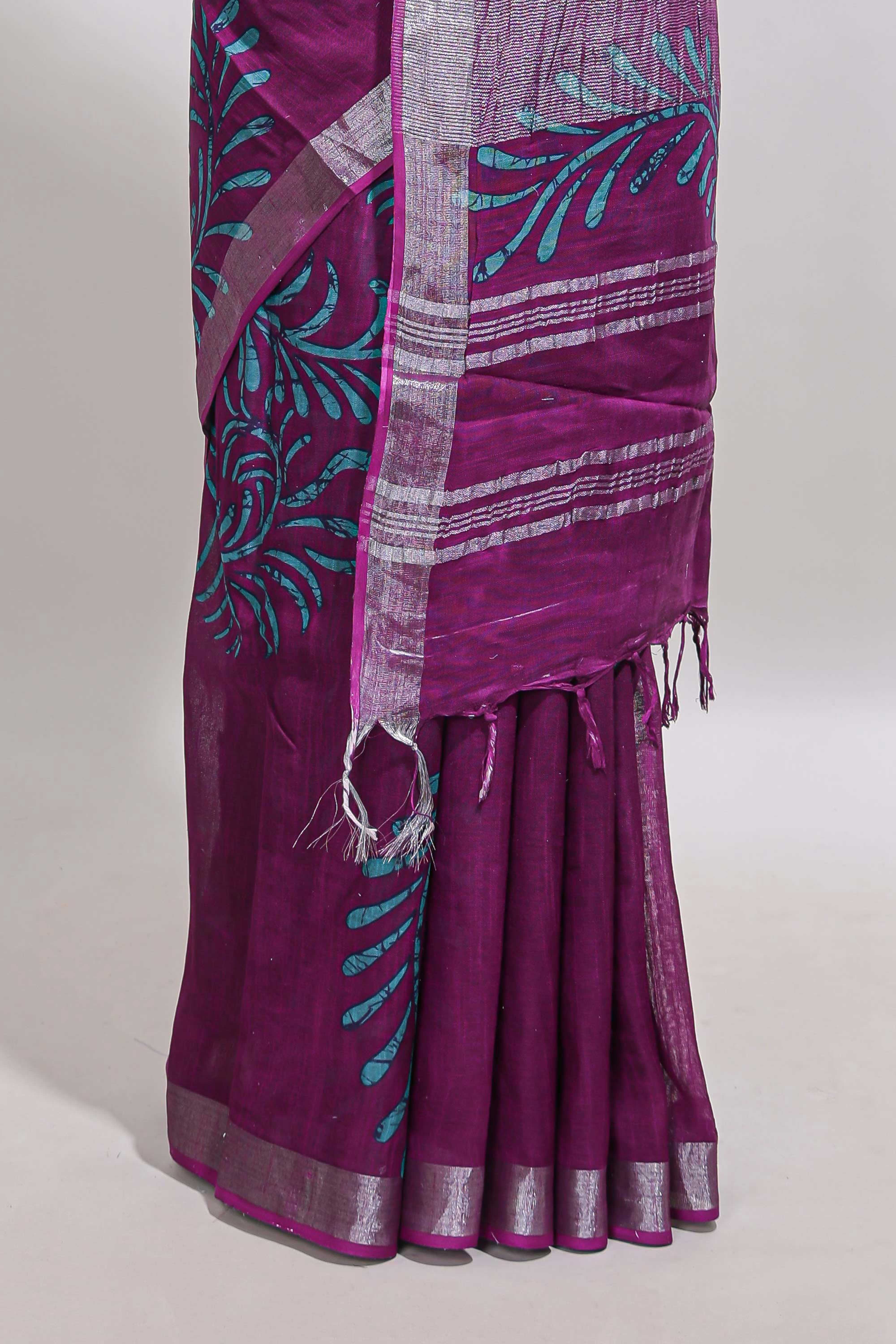 Purple floral design linen cotton saree with self zari border and matching plain blouse