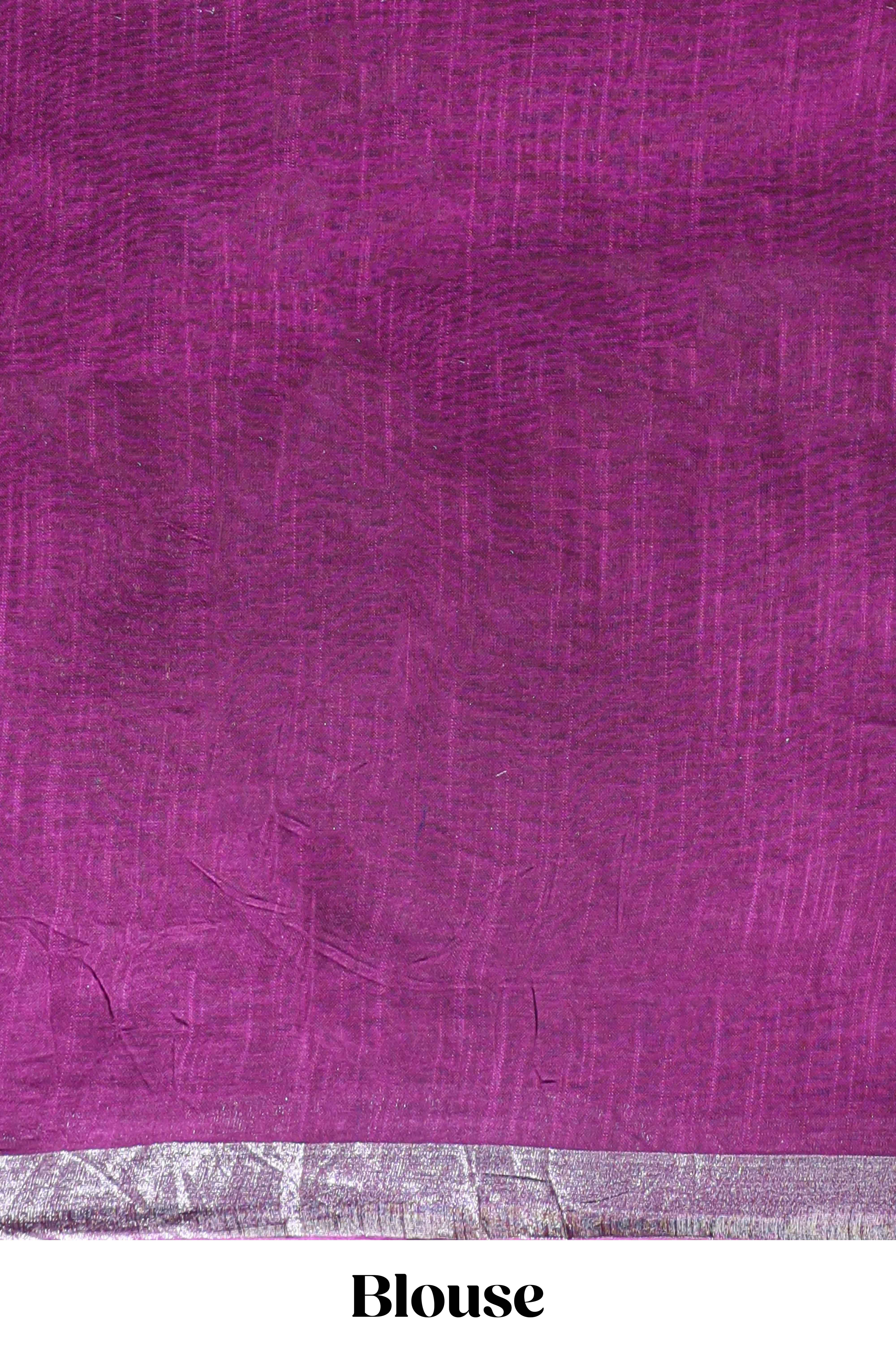 Purple floral design linen cotton saree with self zari border and matching plain blouse
