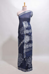 Dark blue floral design linen cotton saree with self zari border and matching plain blouse