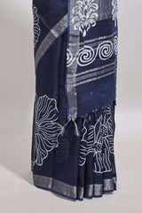 Dark blue floral design linen cotton saree with self zari border and matching plain blouse