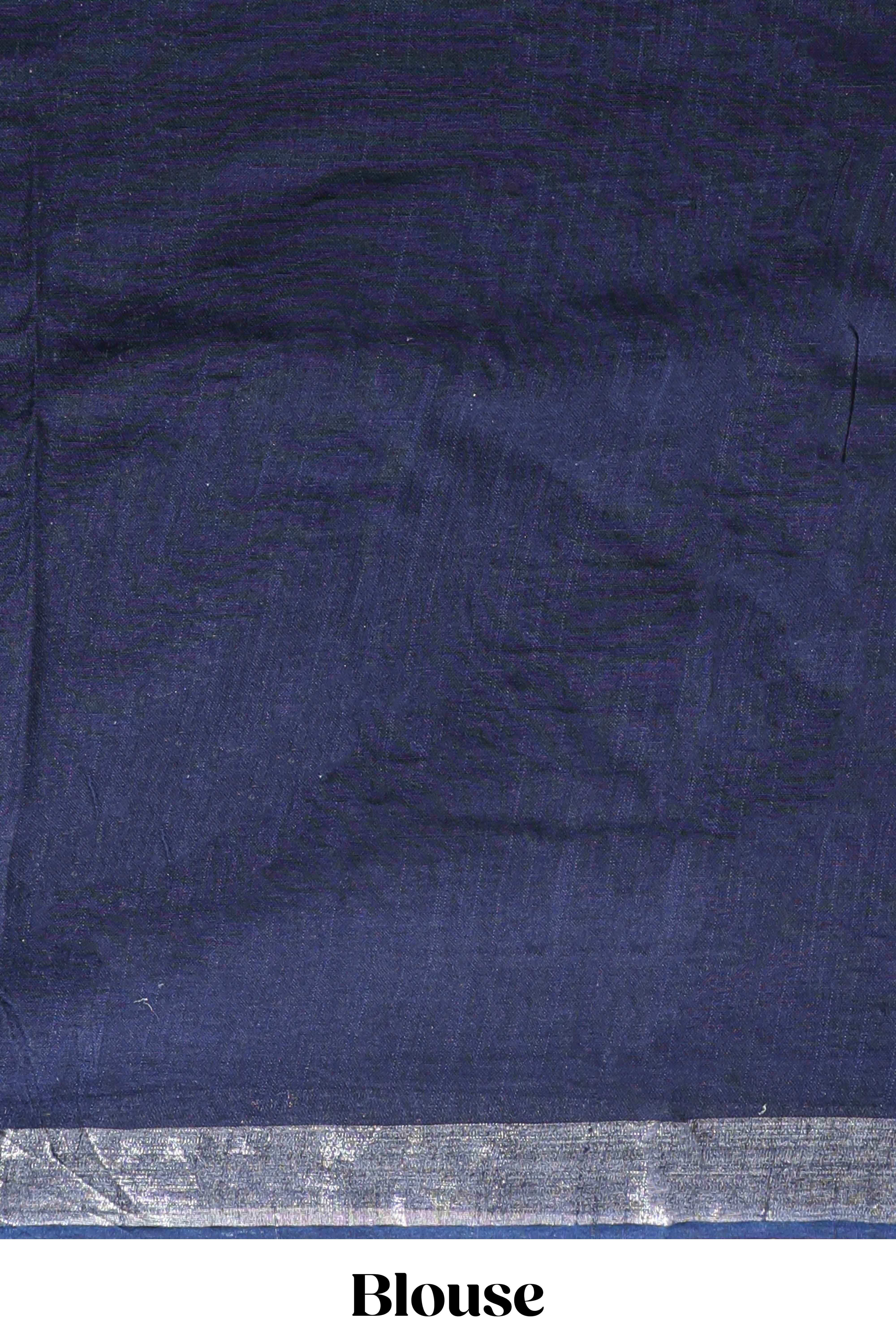 Dark blue floral design linen cotton saree with self zari border and matching plain blouse