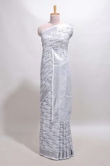 Grey abstract line scribble design linen cotton saree with self zari border and matching plain blouse