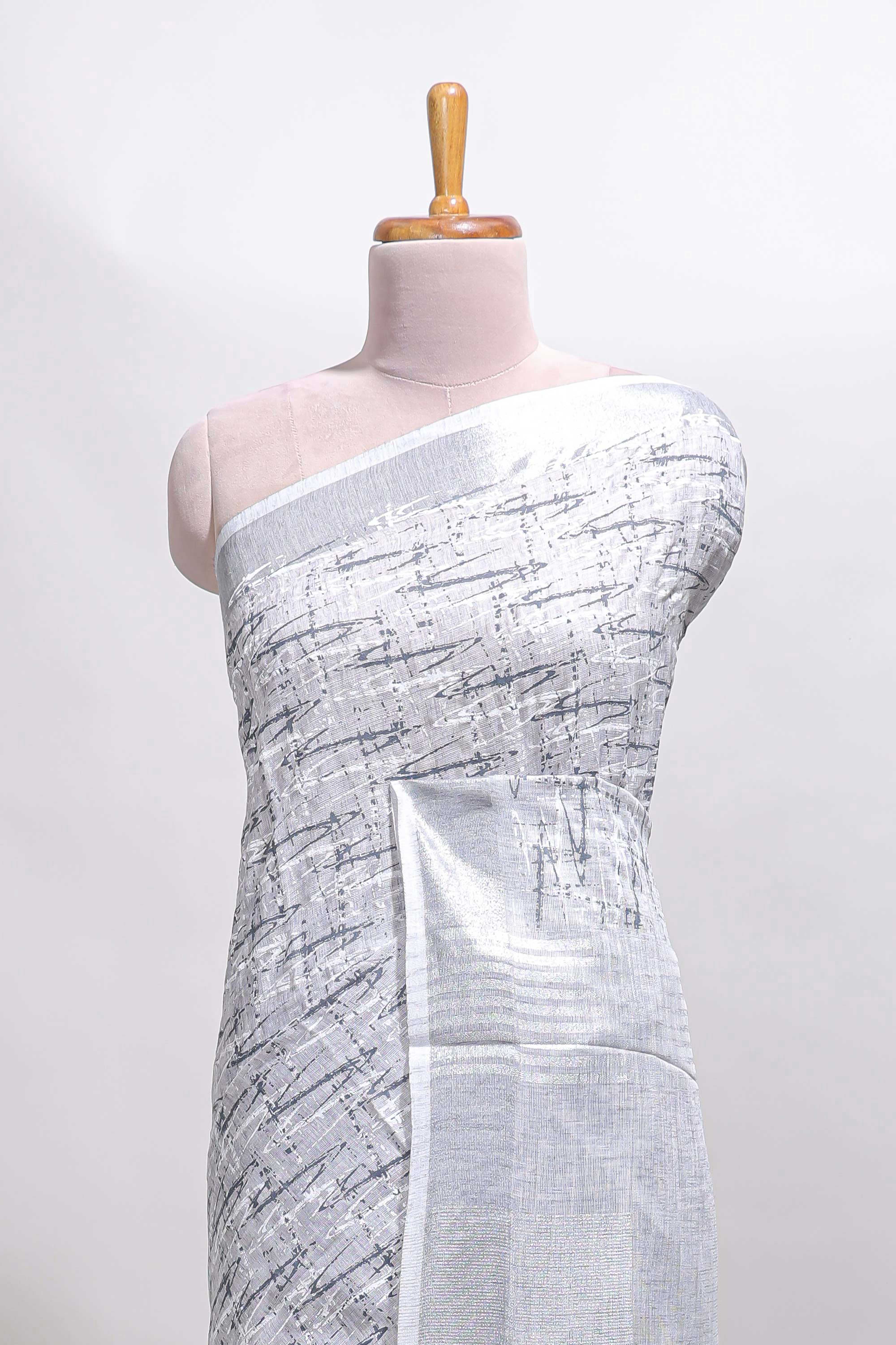 Grey abstract line scribble design linen cotton saree with self zari border and matching plain blouse