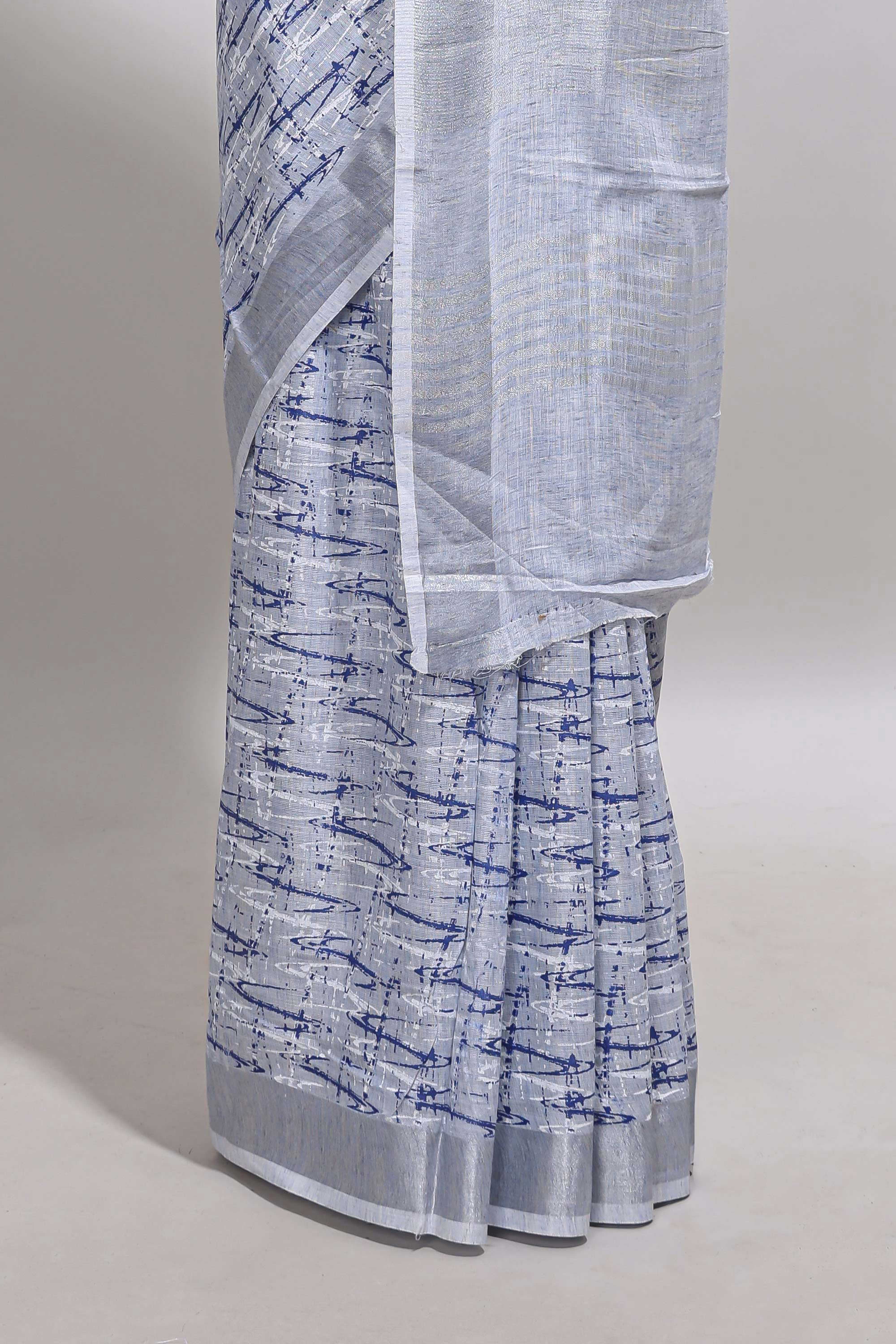 Blue abstract line scribble design linen cotton saree with self zari border and matching plain blouse