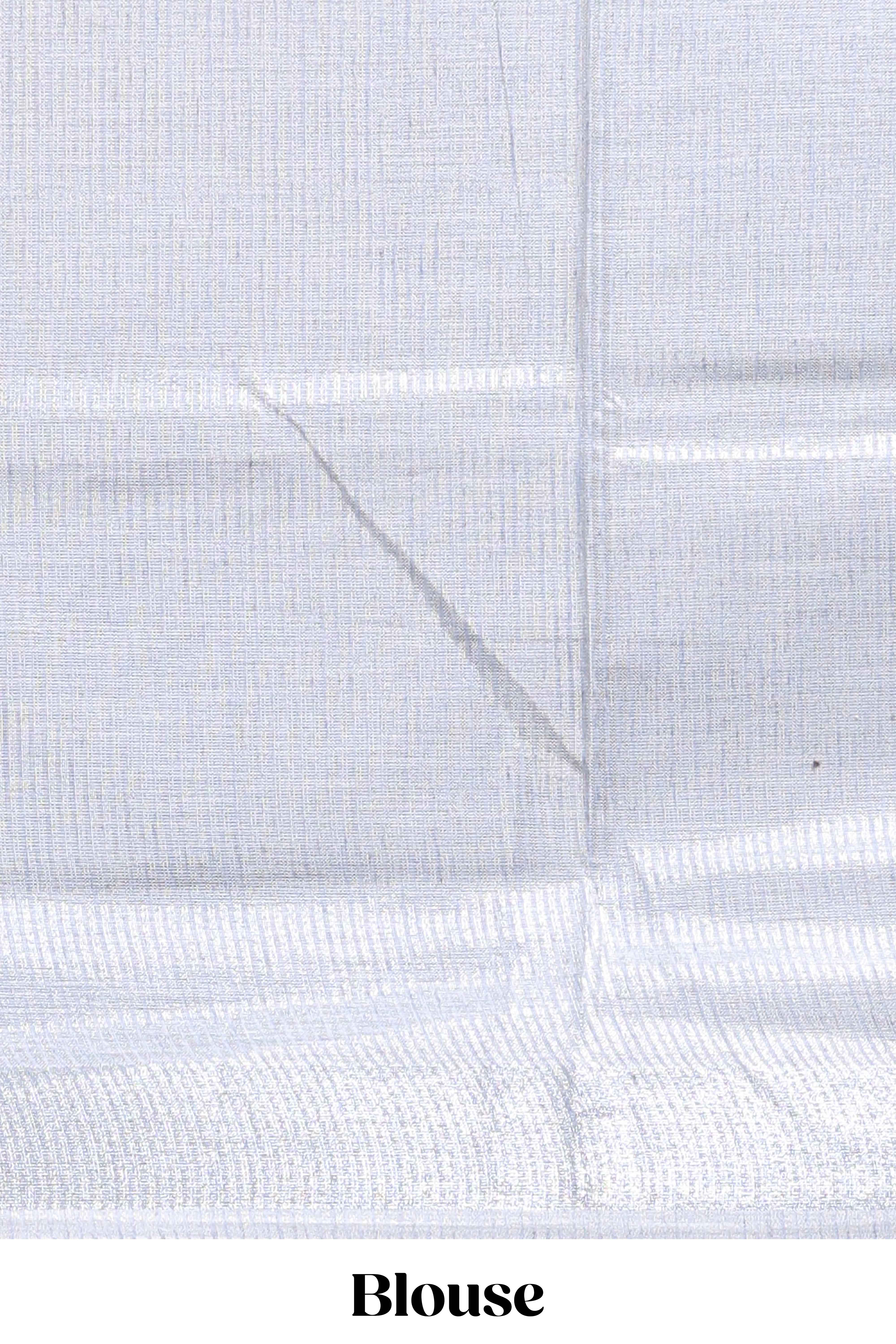 Blue abstract line scribble design linen cotton saree with self zari border and matching plain blouse