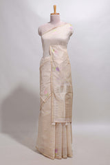 Sandal checked floral design linen cotton saree with self zari border and matching blouse