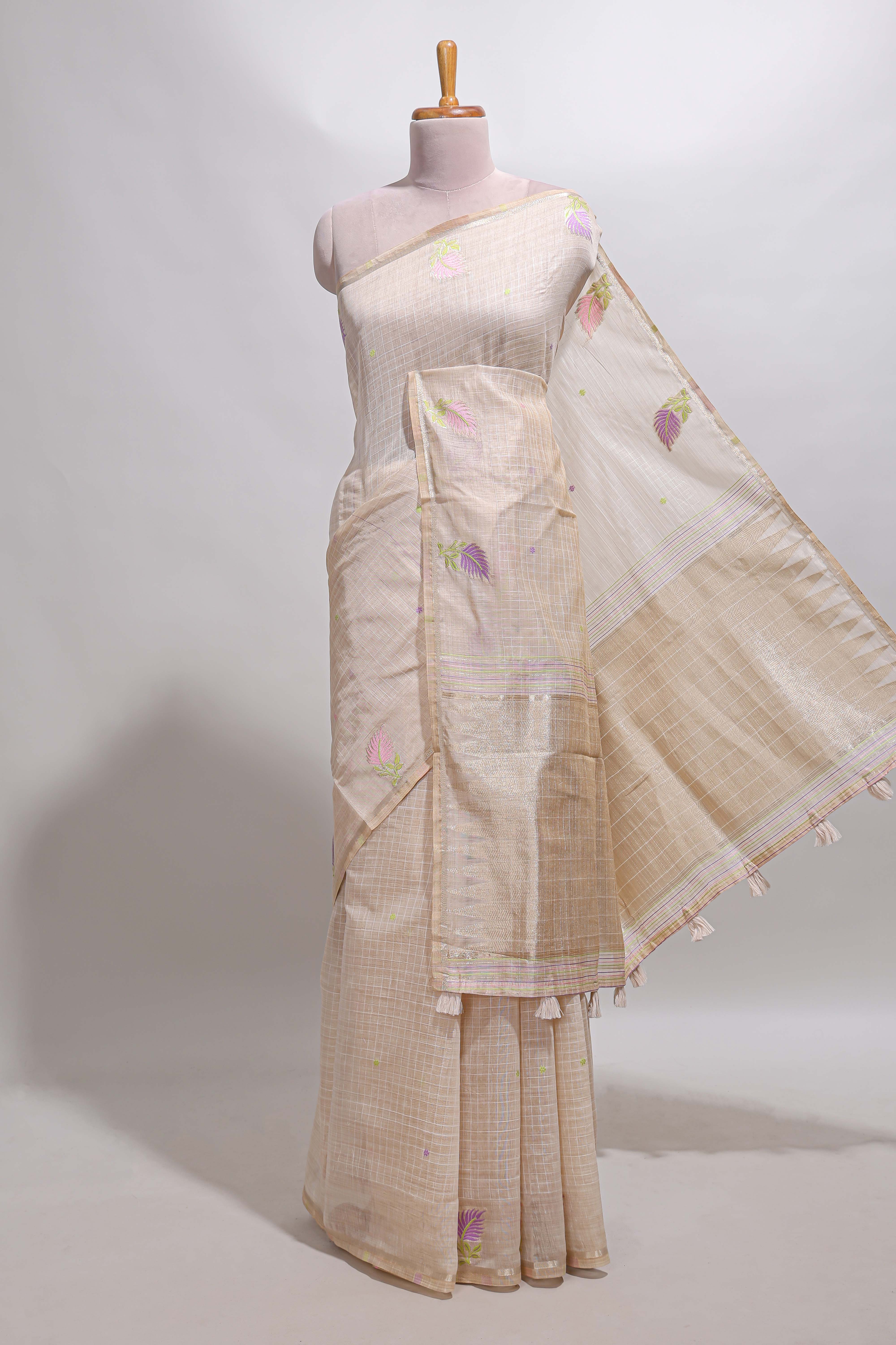Sandal checked floral design linen cotton saree with self zari border and matching blouse