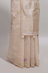 Sandal checked floral design linen cotton saree with self zari border and matching blouse