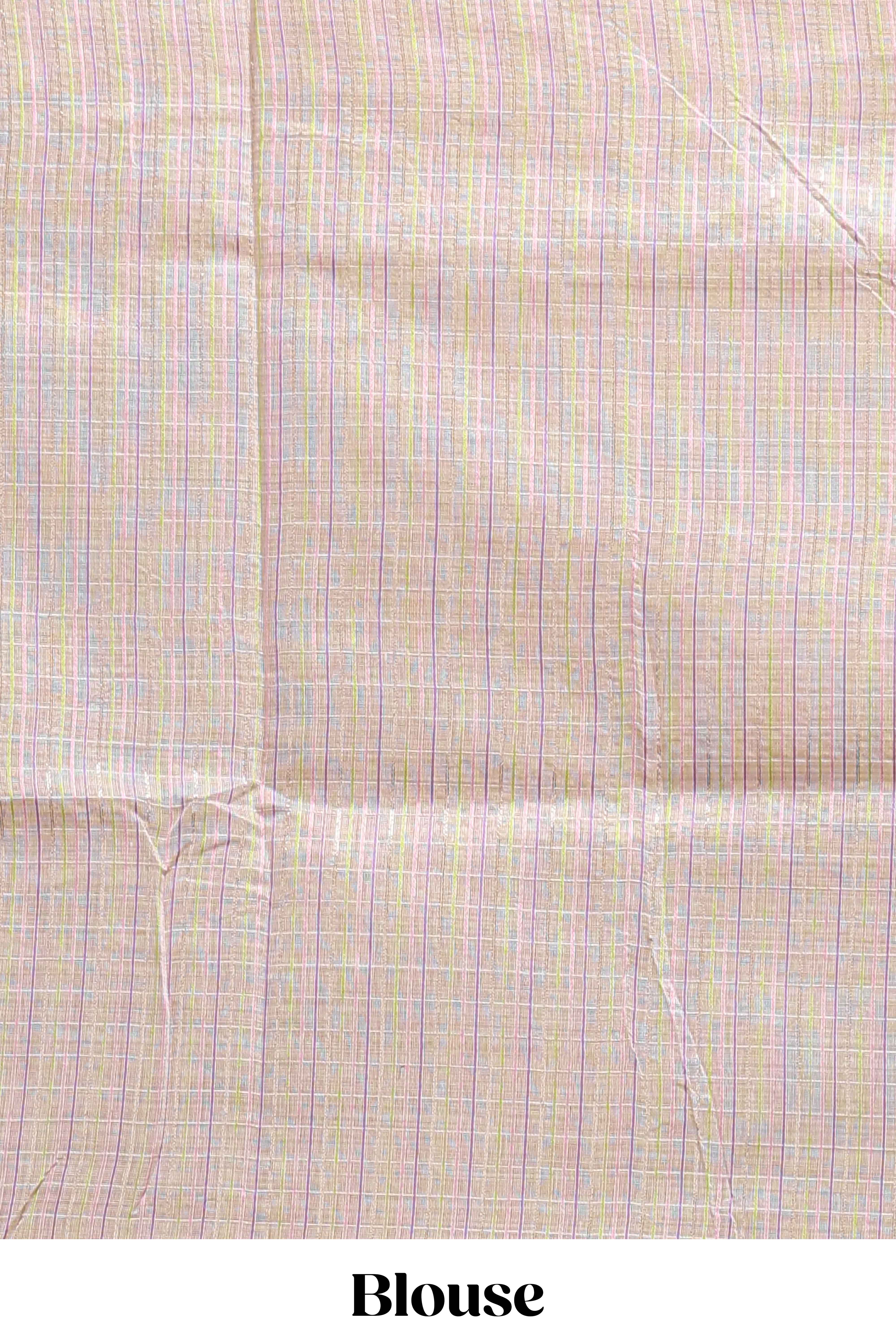 Sandal checked floral design linen cotton saree with self zari border and matching blouse
