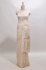 Sandal checked floral design linen cotton saree with self zari border and matching blouse