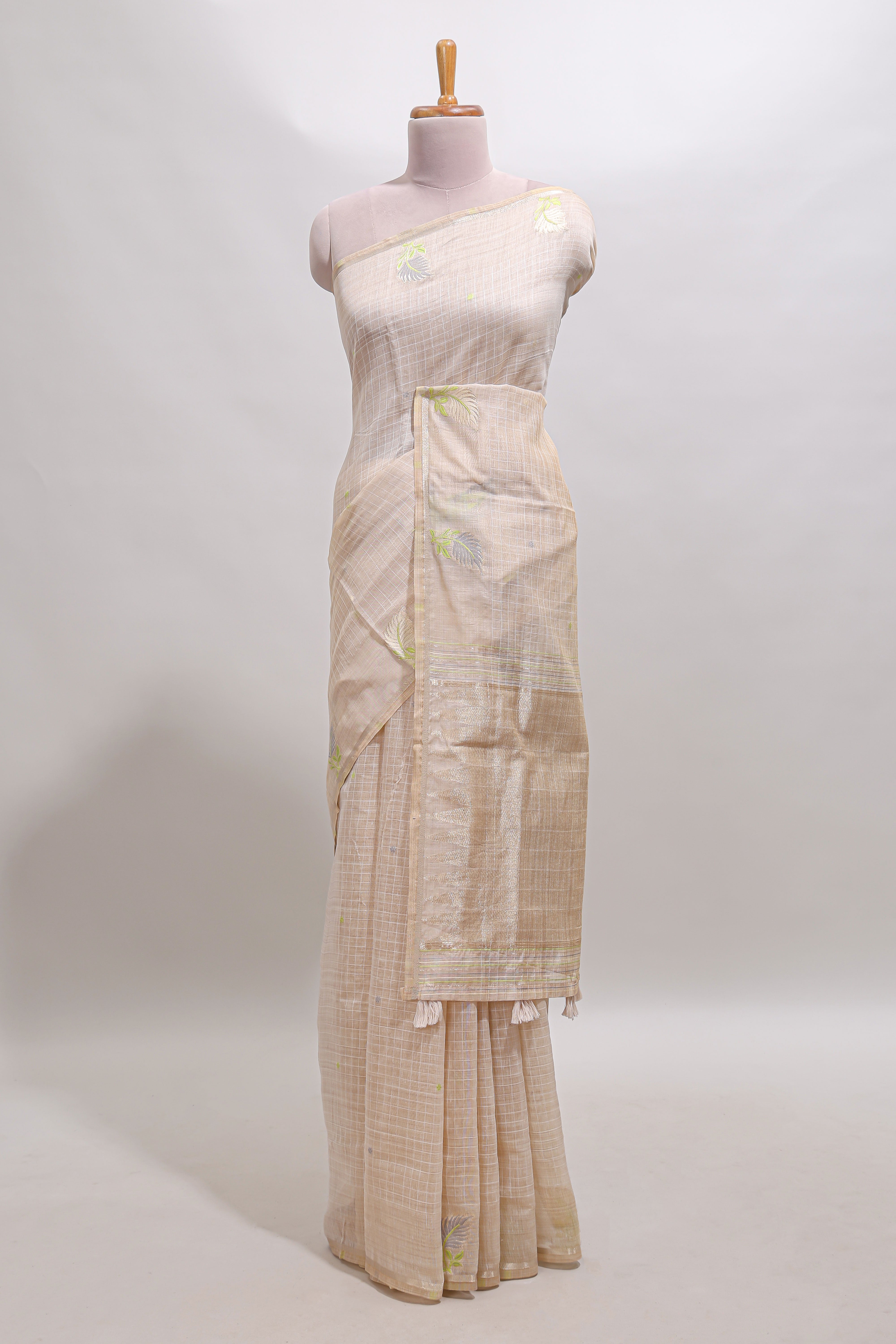 Sandal checked floral design linen cotton saree with self zari border and matching blouse