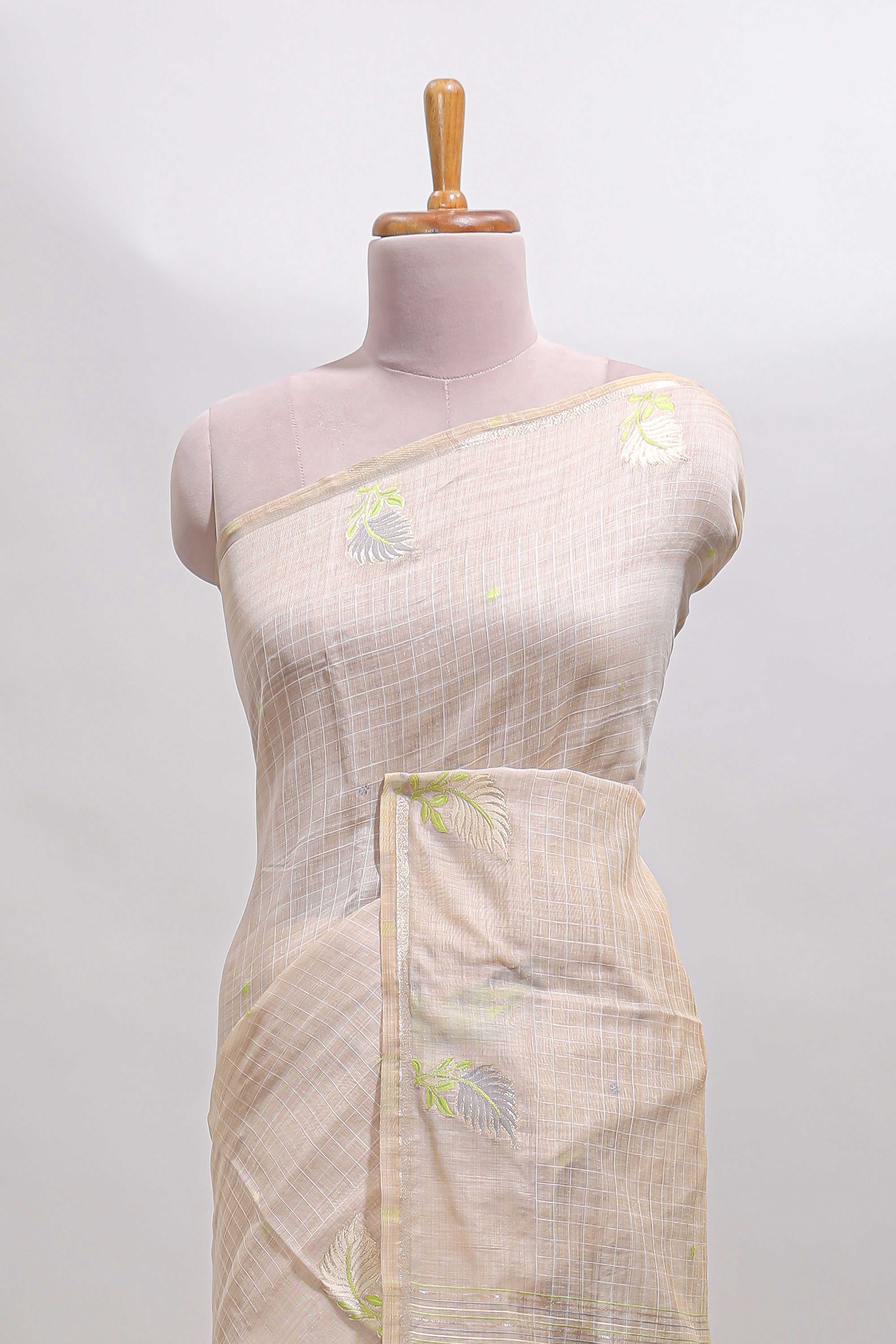 Sandal checked floral design linen cotton saree with self zari border and matching blouse