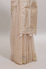 Sandal checked floral design linen cotton saree with self zari border and matching blouse