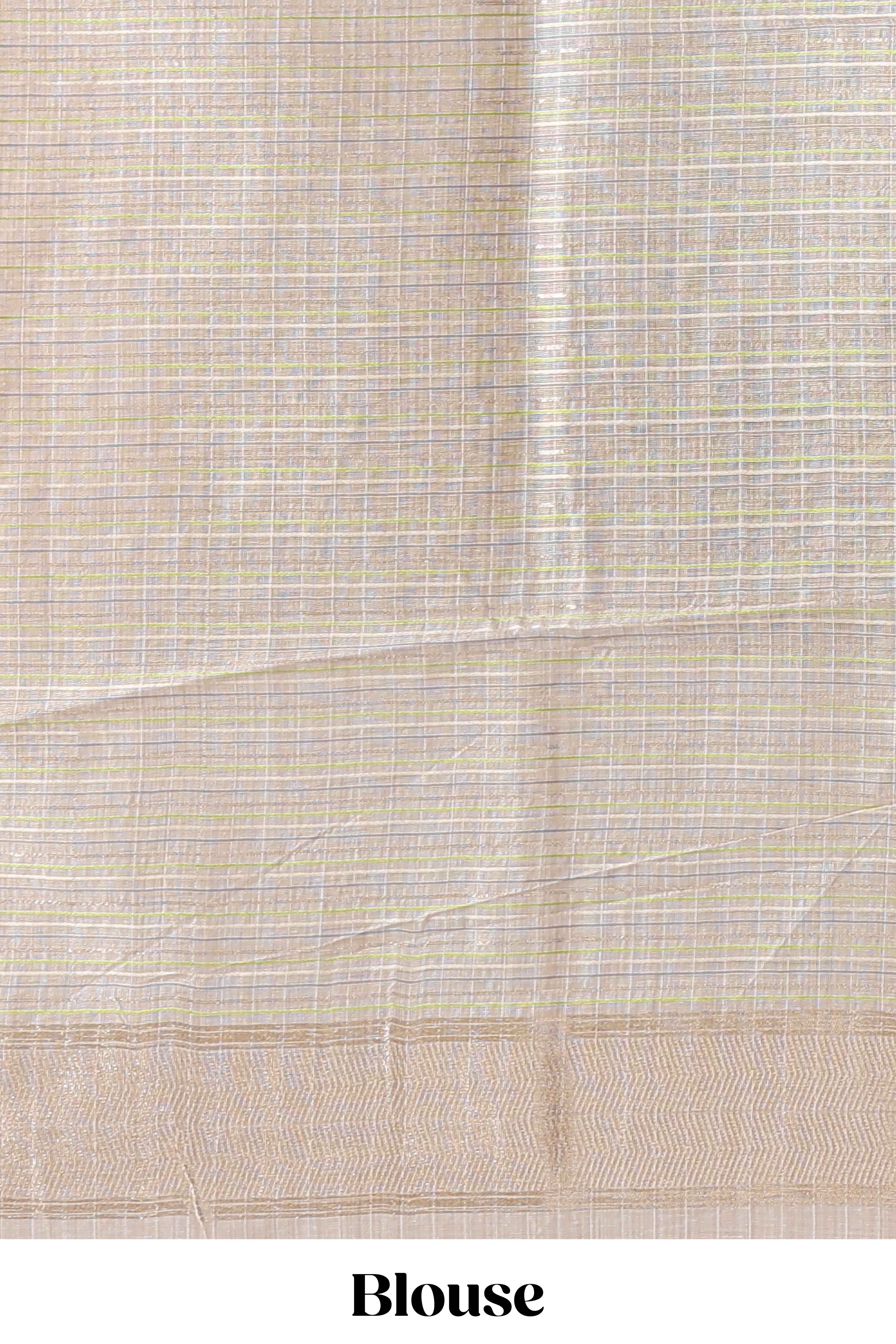 Sandal checked floral design linen cotton saree with self zari border and matching blouse