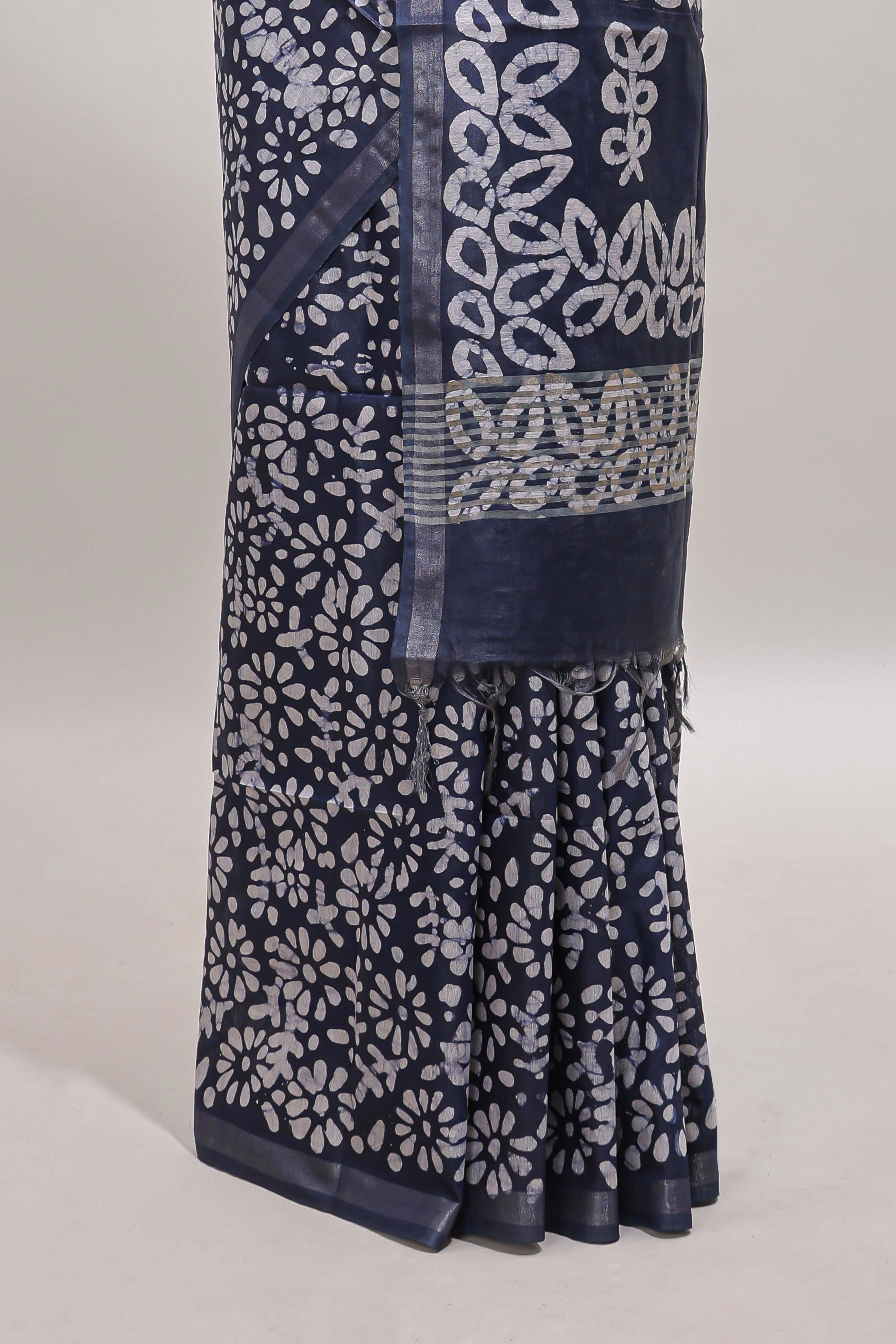 Dark blue floral design linen cotton saree with self zari border and matching blouse