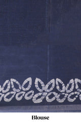Dark blue floral design linen cotton saree with self zari border and matching blouse