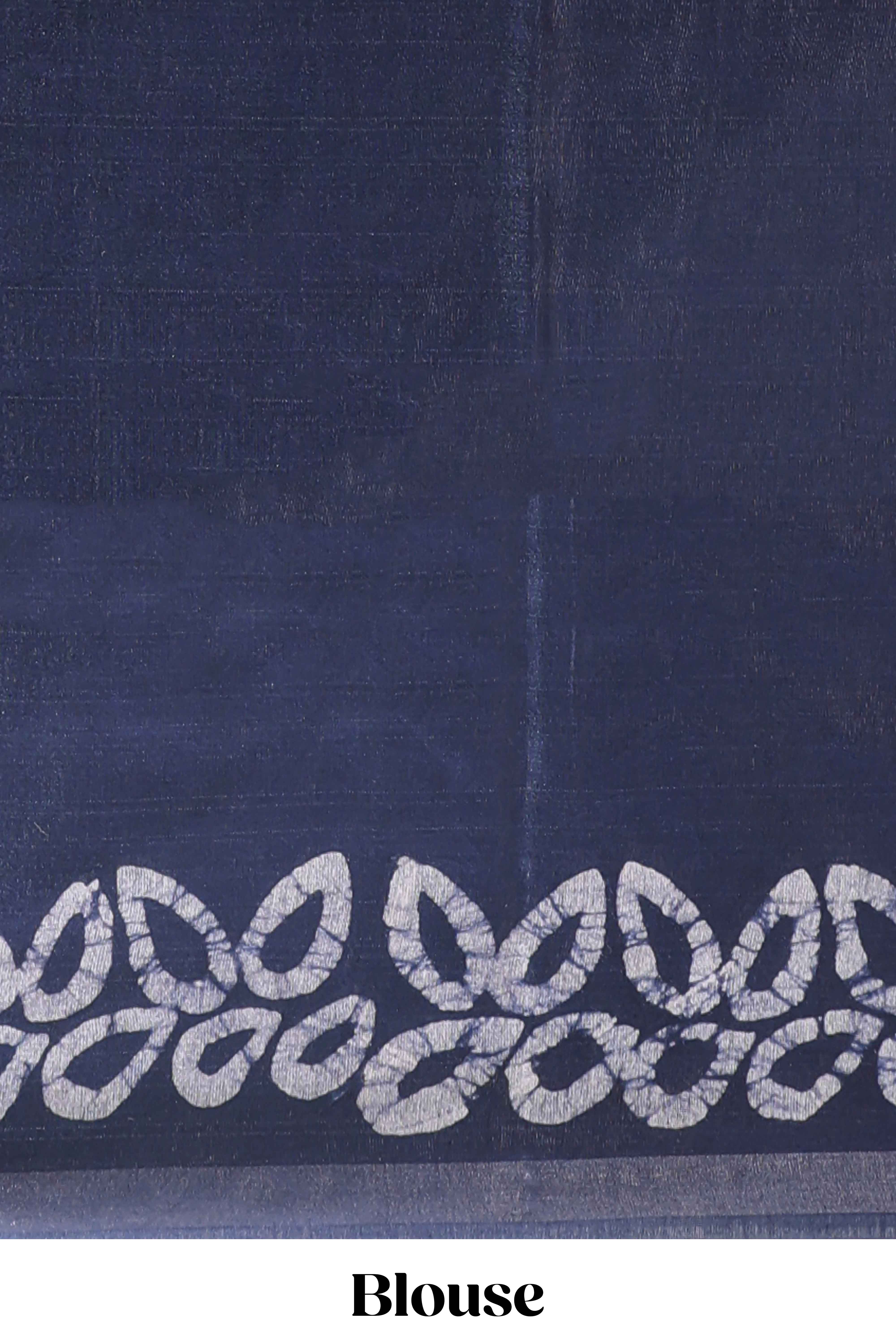 Dark blue floral design linen cotton saree with self zari border and matching blouse