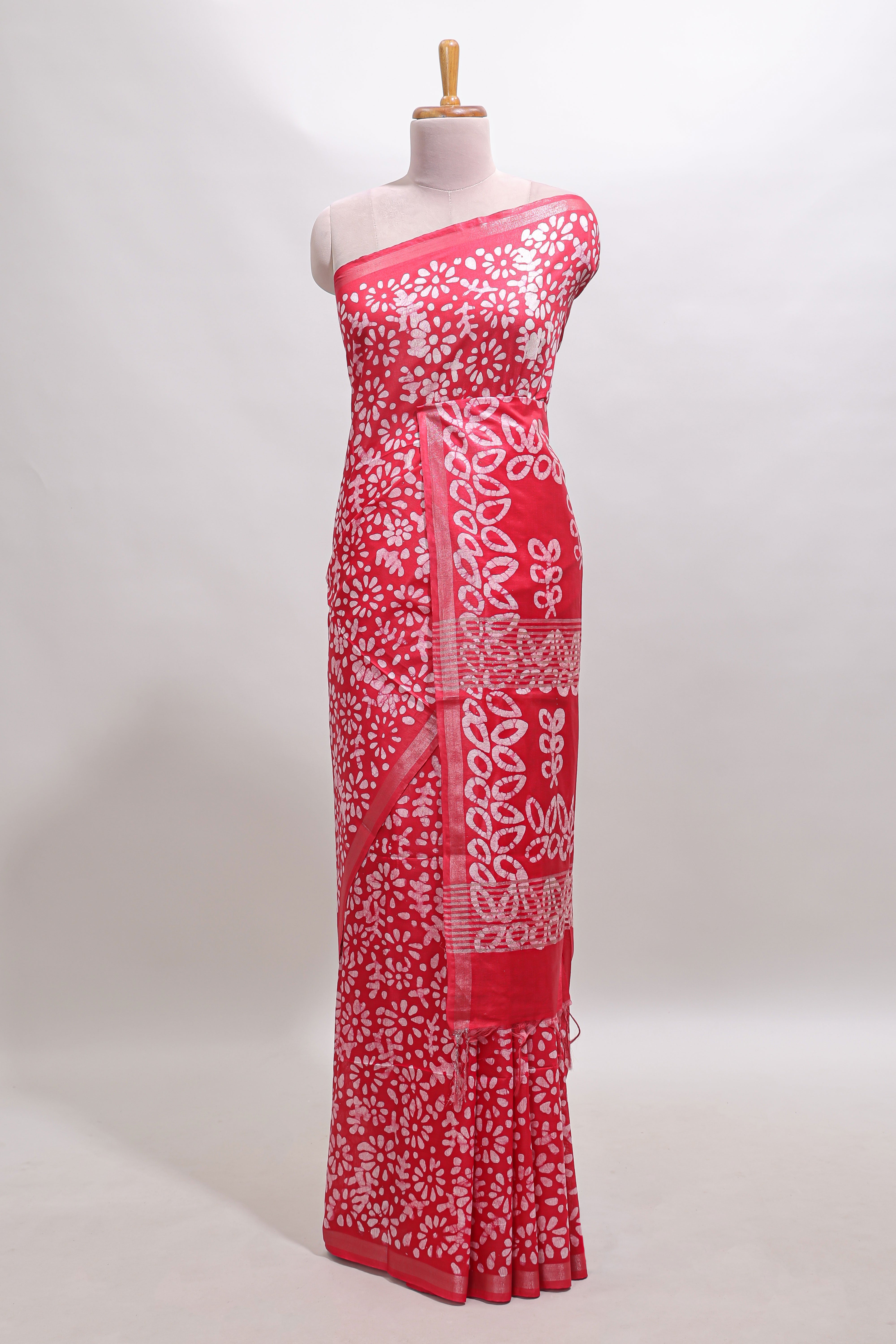 Red floral design linen cotton saree with self zari border and matching blouse