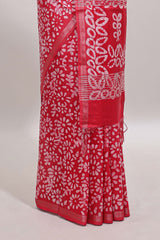 Red floral design linen cotton saree with self zari border and matching blouse