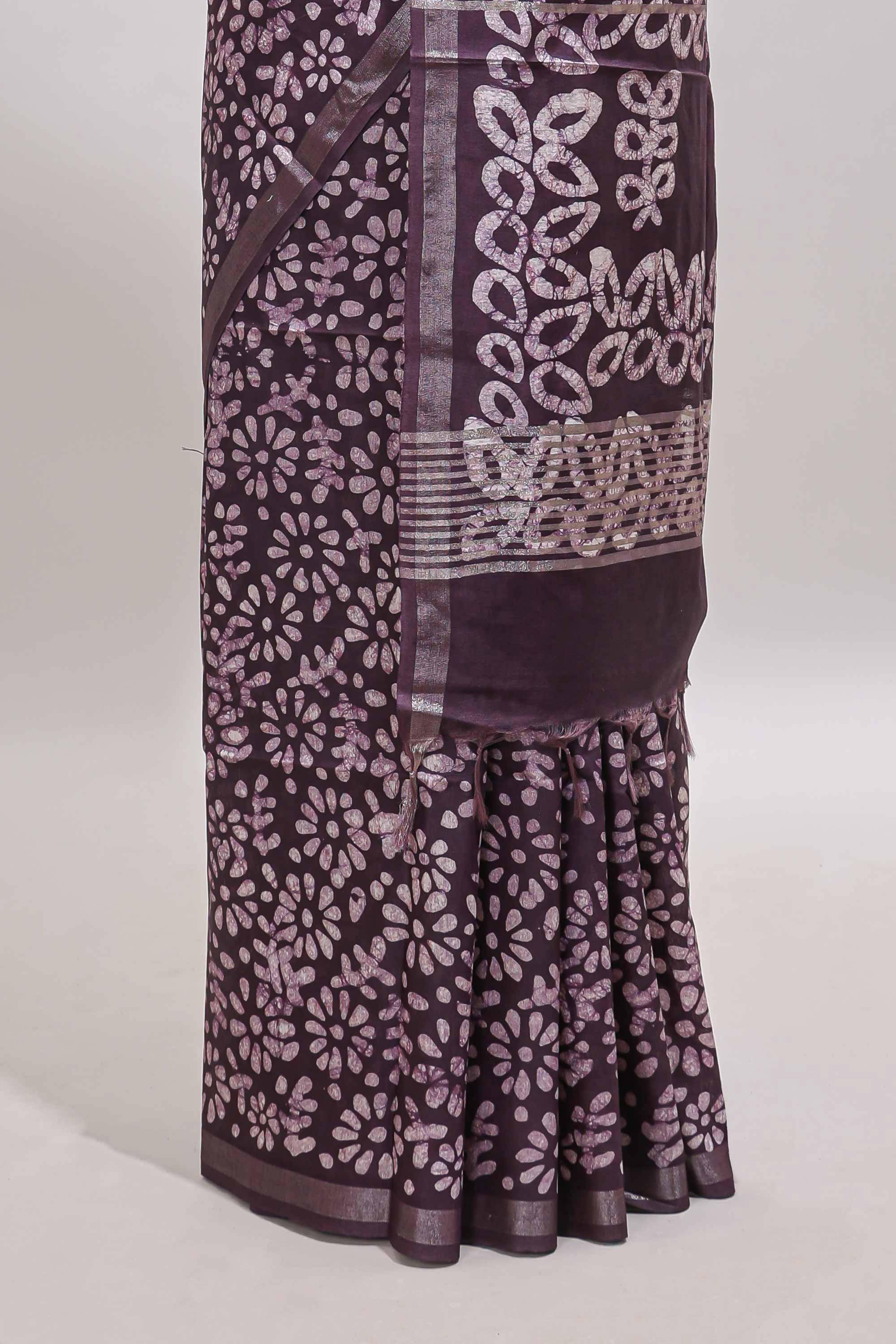 Dark purple floral design linen cotton saree with self zari border and matching blouse