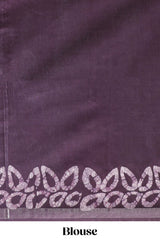 Dark purple floral design linen cotton saree with self zari border and matching blouse
