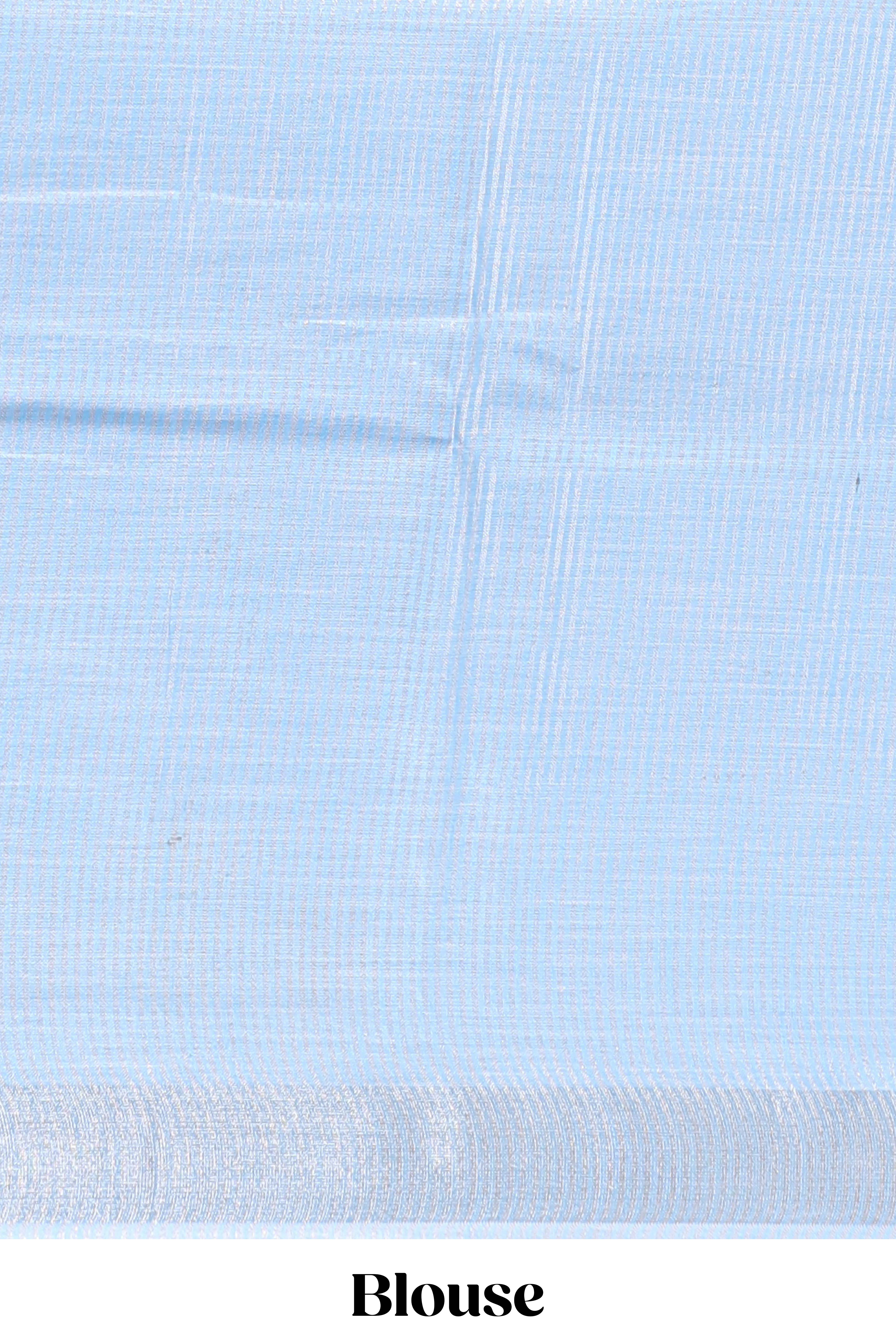 Blue embroidery floral design linen cotton saree with self zari border and matching blouse