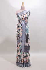 Beige geometric design linen cotton saree with contrast zari border and matching blouse