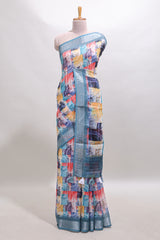 Multi color geometric design linen cotton saree with contrast zari border and matching blouse
