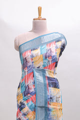 Multi color geometric design linen cotton saree with contrast zari border and matching blouse