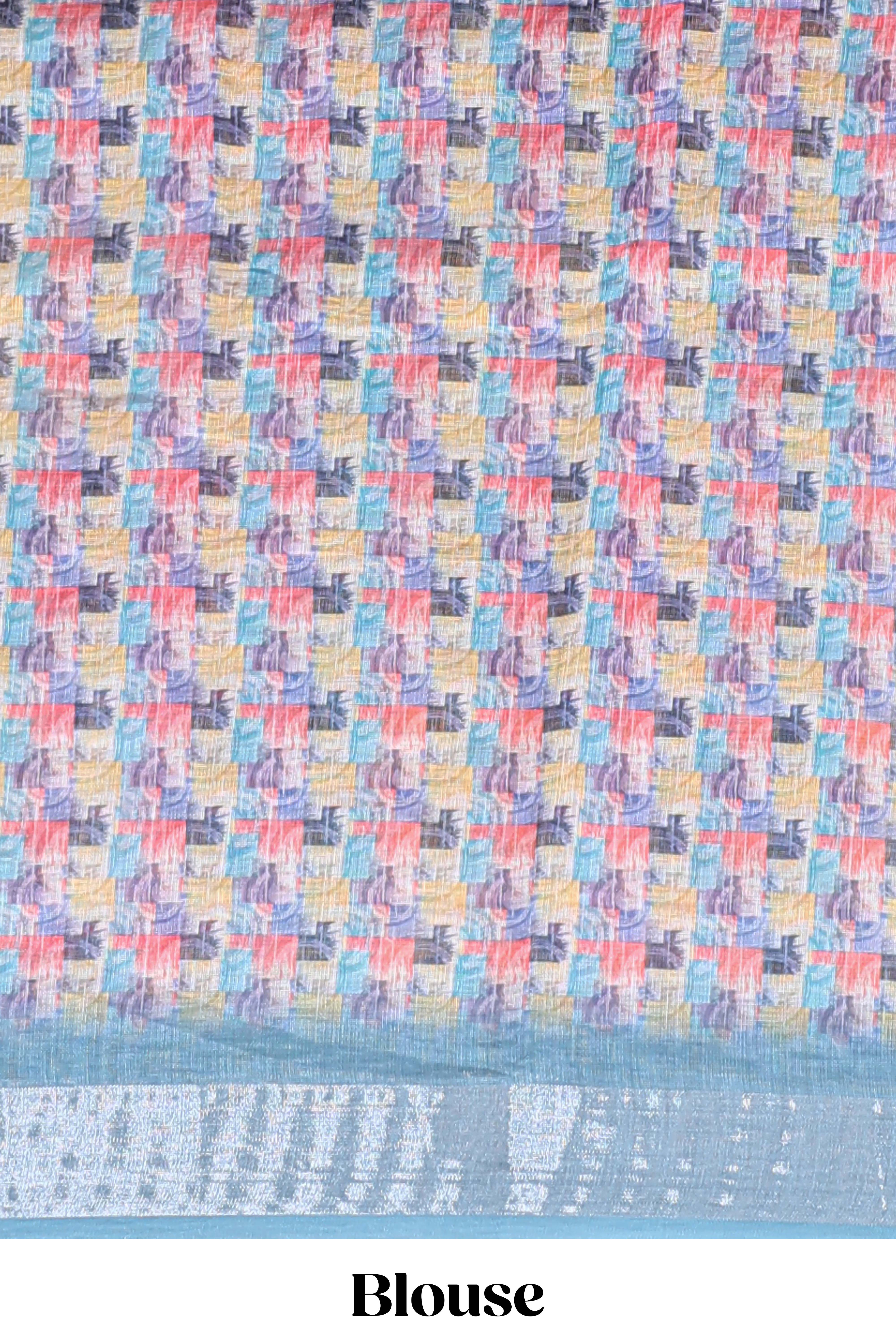 Multi color geometric design linen cotton saree with contrast zari border and matching blouse