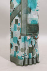 Multi color geometric design linen cotton saree with contrast zari border and matching blouse