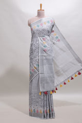 Grey embroidery floral design linen cotton saree with self zari border and matching blouse
