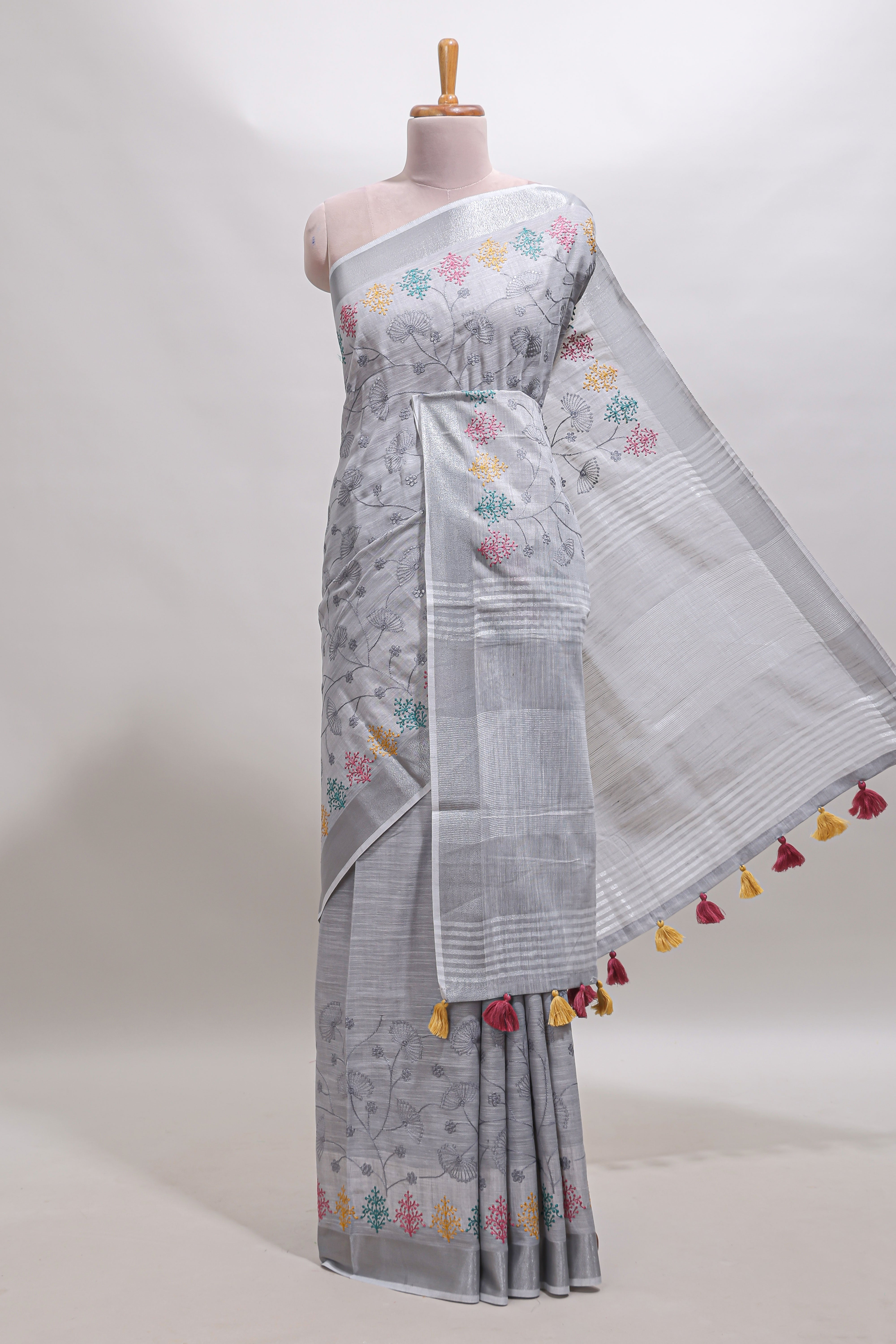 Grey embroidery floral design linen cotton saree with self zari border and matching blouse