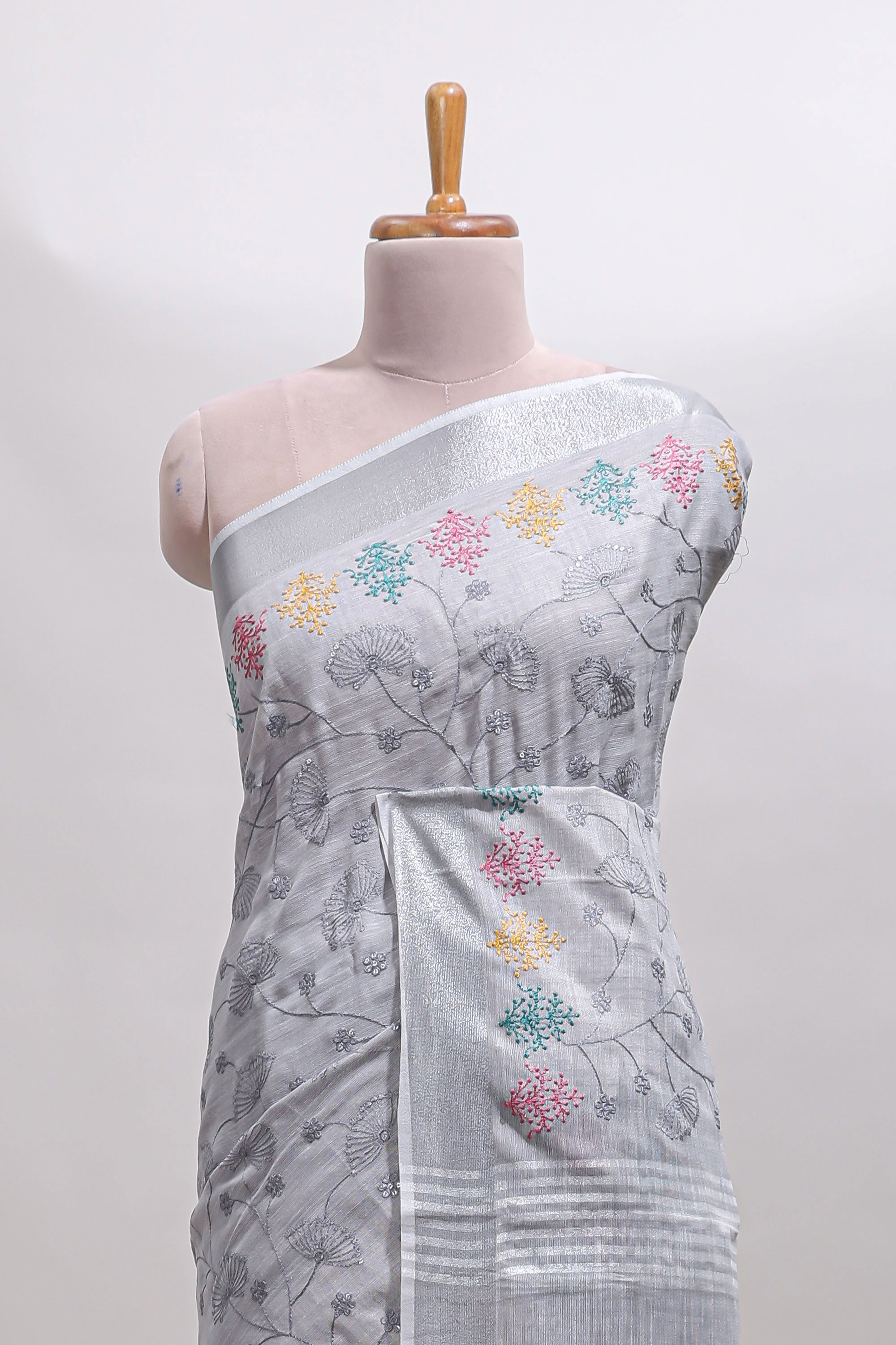 Grey embroidery floral design linen cotton saree with self zari border and matching blouse