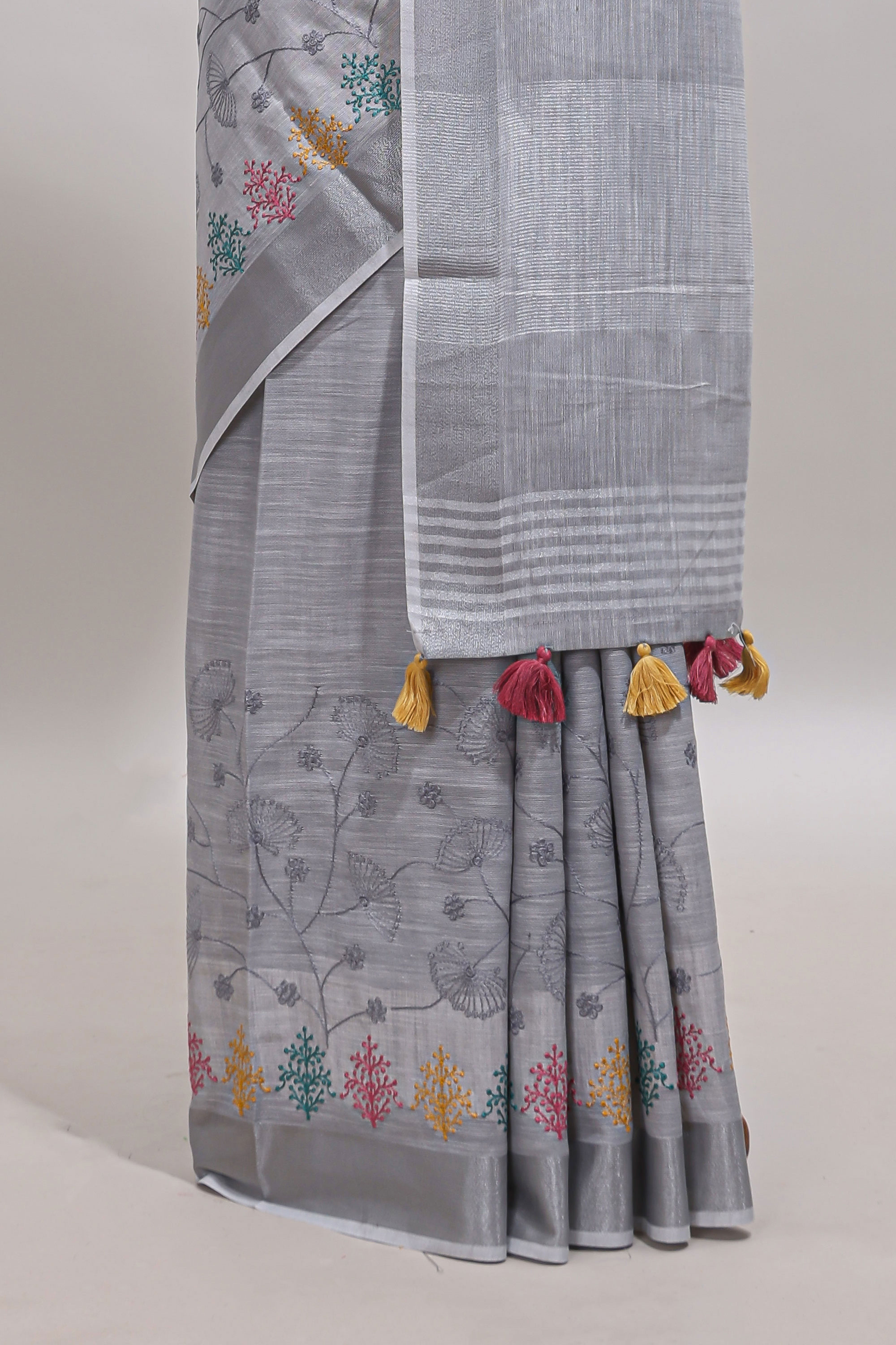 Grey embroidery floral design linen cotton saree with self zari border and matching blouse