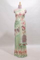 Green floral design linen cotton saree with self zari border and matching printed blouse